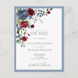 Postal De Anuncios Guardar la fecha boda azul polvoriento borgoña