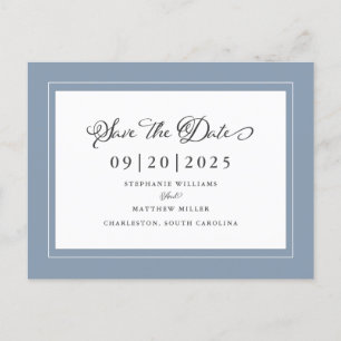 Postal De Anuncios Guardar la fecha   Boda Dusty Blue Letra Elegante