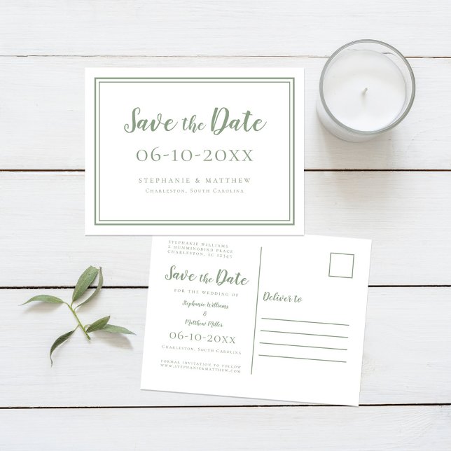 Postal De Anuncios Guardar la Fecha Boda Verde y Blanco Sencillo Mode (Save The Date Wedding Green & White Simple Modern Announcement Postcard)