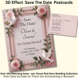 Postal De Anuncios Guardar la Fecha - Bodas de Rosas Rosadas y Paloma