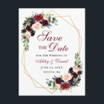 Postal De Anuncios Guardar la Fecha Burgundy Azul Floral Marco Dorado<br><div class="desc">Moderno Elegante,  Acuarela Burgundy Marsala Azul Floral,  Marco Geométrico Dorado,  Tarjeta Postal de Compromiso Guardar la Fecha</div>