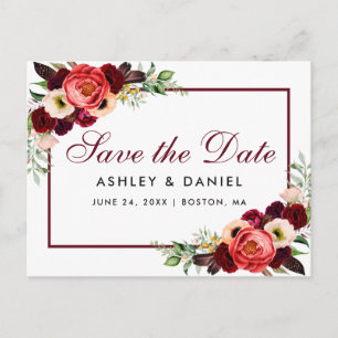 Postal De Anuncios Guardar la fecha Burgundy Floral Boho