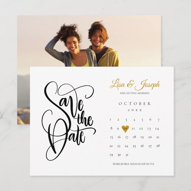 Postal De Anuncios Guardar la fecha Calendario Gold Love Heart Photo (Anverso / Reverso)