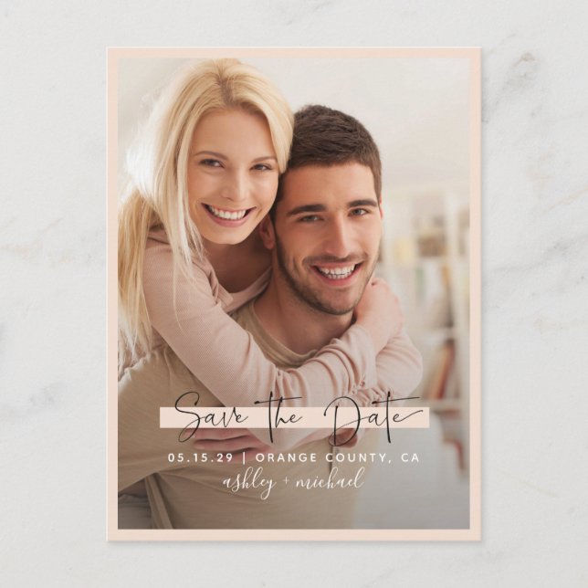 Postal De Anuncios Guardar la fecha Caligrafía Foto Boda con Rubor (Anverso)