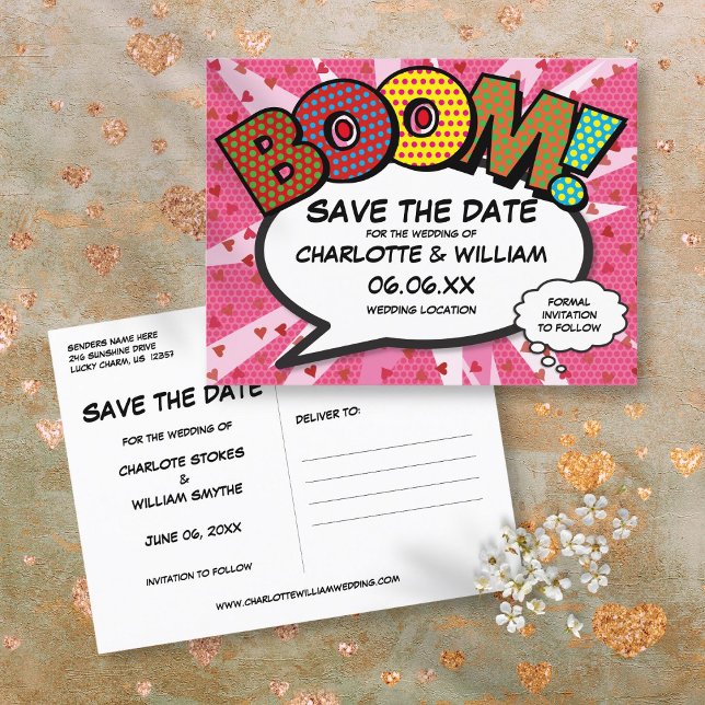 Postal De Anuncios Guardar la fecha Cómic BOOM Rosa Divertido Moderno (Save the Date Comic Book BOOM Modern Pink Fun Announcement Postcard)