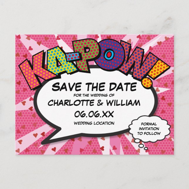 Postal De Anuncios Guardar la fecha Cómic KAPOW Rosa moderno divertid (Anverso)