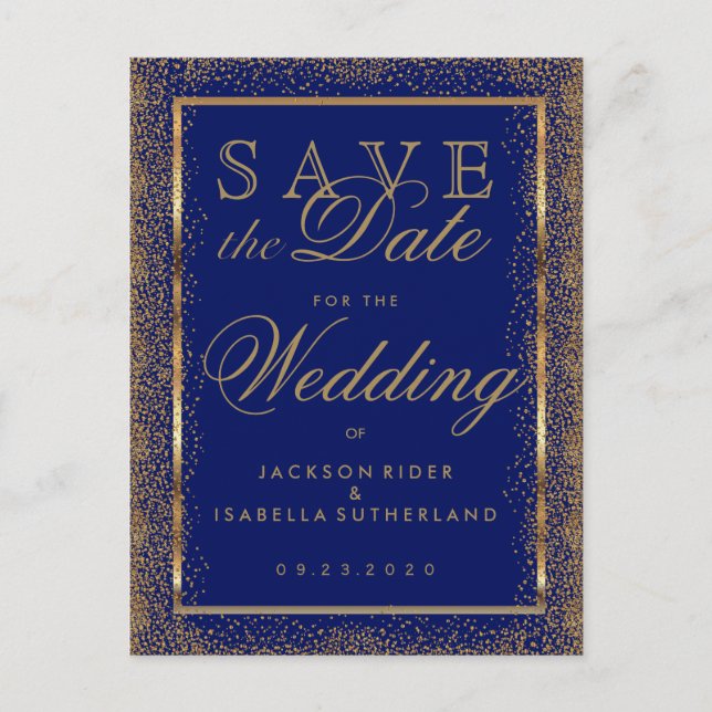 Postal De Anuncios Guardar la Fecha Confeti Dorado y Azul Oscuro (Anverso)