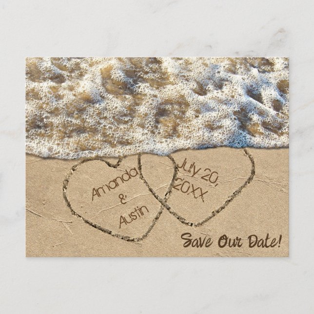 Postal De Anuncios Guardar la fecha Corazones de Playa (Anverso)