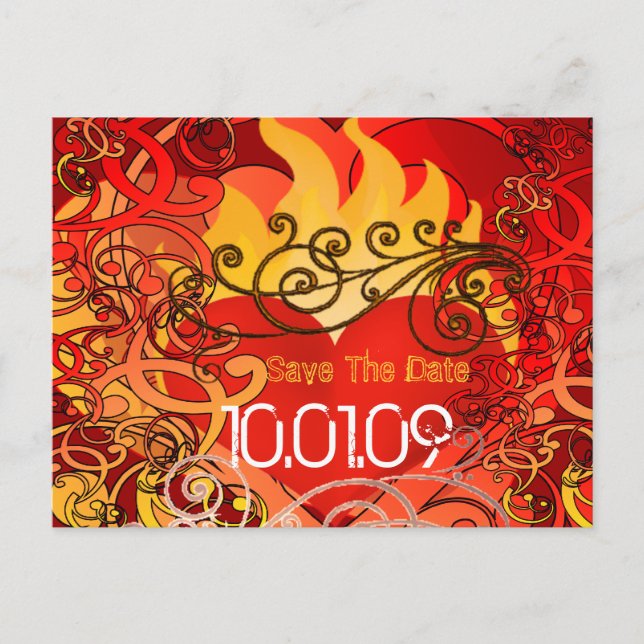 Postal De Anuncios Guardar la fecha- Corazones en llamas (Anverso)