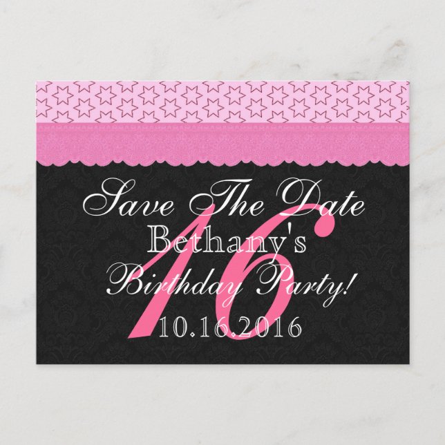 Postal De Anuncios Guardar la fecha Cumpleaños 16 Años Encaje Rosa y  (Anverso)
