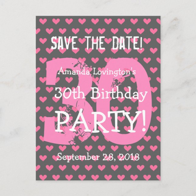 Postal De Anuncios Guardar la fecha cumpleaños 30 V01H Corazones rosa (Anverso)