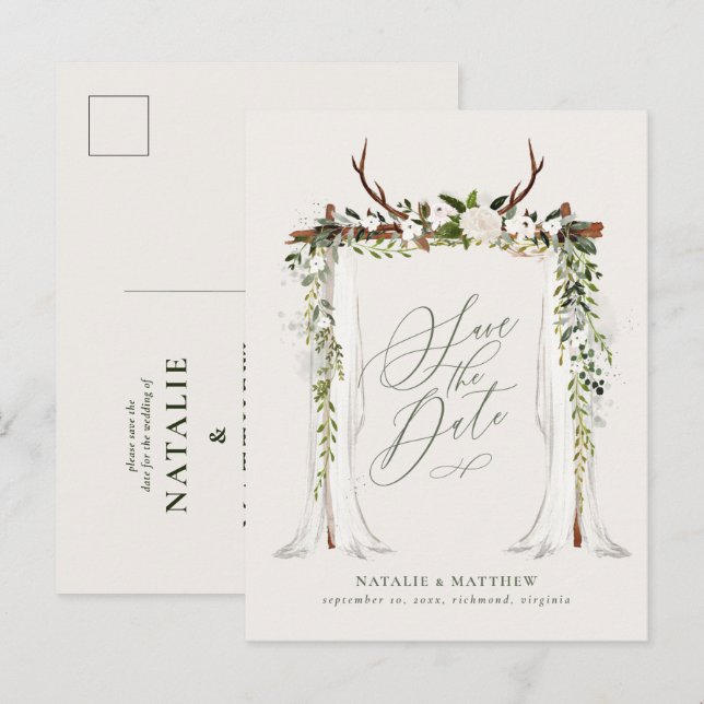 Postal De Anuncios Guardar la fecha de boda botánico de follaje rústi (Anverso / Reverso)