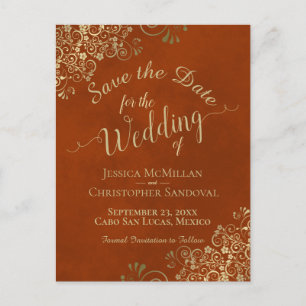 Postal De Anuncios Guardar la fecha de boda Chic Caligrafía Rust & Go