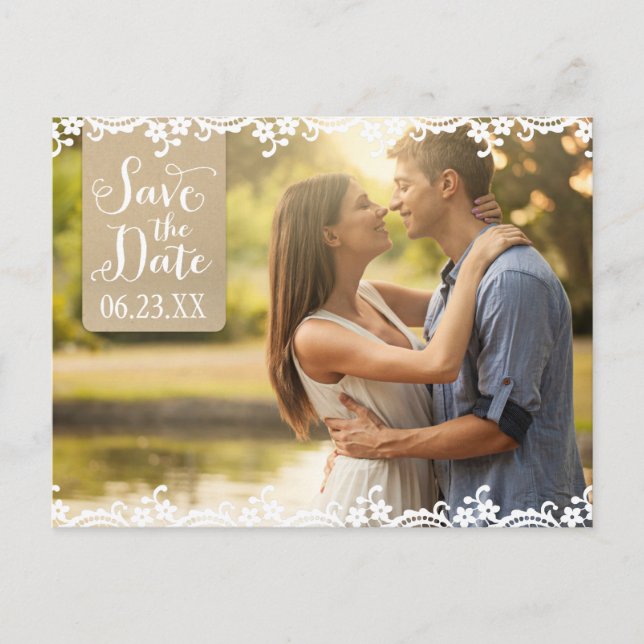 Postal De Anuncios Guardar la Fecha de Boda con Foto de Rustic Kraft  (Anverso)