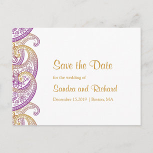 Postal De Anuncios Guardar la fecha de boda de cachemira india púrpur