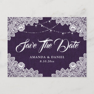 Postal De Anuncios Guardar la fecha de boda de encaje de arpillera pú