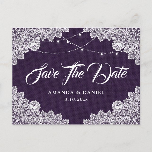 Postal De Anuncios Guardar la fecha de boda de encaje de arpillera pú (Anverso)