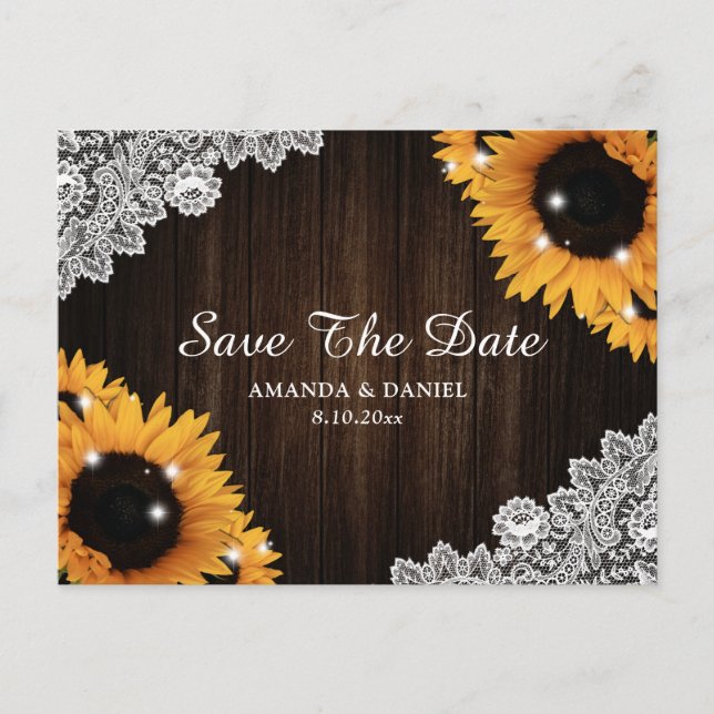 Postal De Anuncios Guardar la fecha de boda de girasol madera rústica (Anverso)