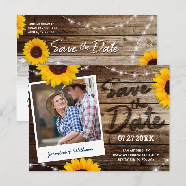 Postal De Anuncios Guardar la fecha de boda de girasoles foto madera  (Anverso / Reverso)
