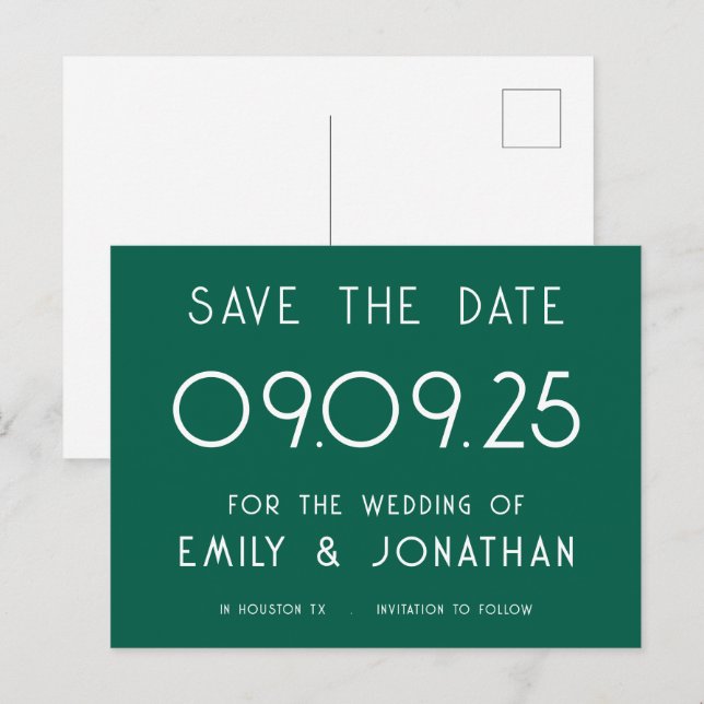 Postal De Anuncios Guardar la fecha de boda de texto simple esmeralda (Anverso / Reverso)