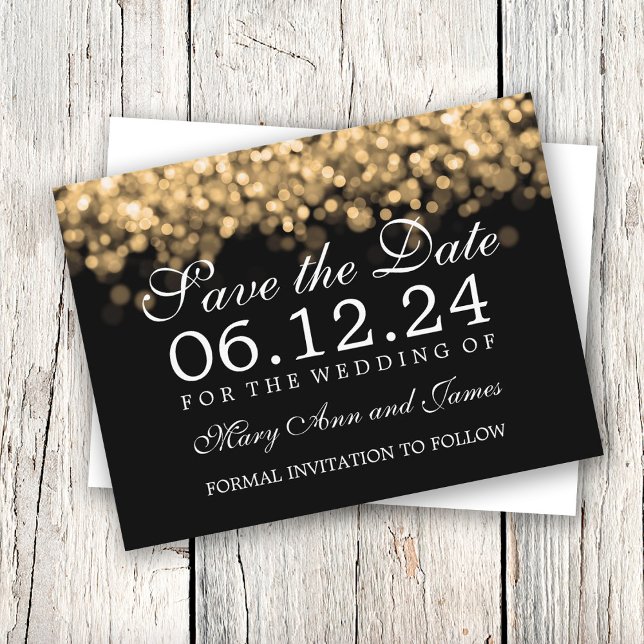 Postal De Anuncios Guardar la fecha de boda elegante con luces dorada (Subido por el creador)