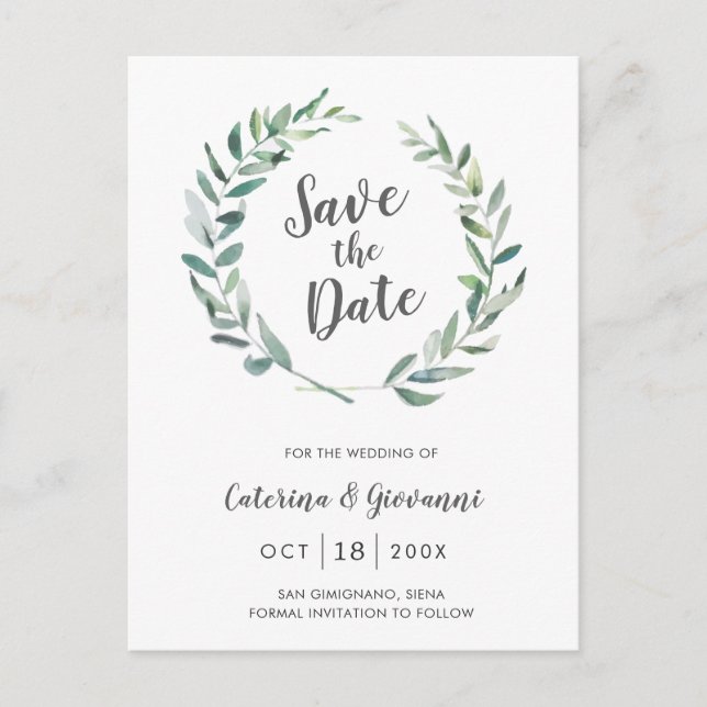 Postal De Anuncios Guardar la Fecha de Boda Elegante con Verde Rústic (Anverso)