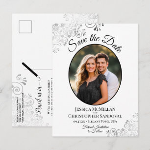 Postal De Anuncios Guardar la fecha de boda en encaje plateado Oval F