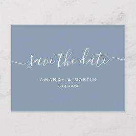 Postal De Anuncios Guardar la fecha de boda en guión azul polvoriento