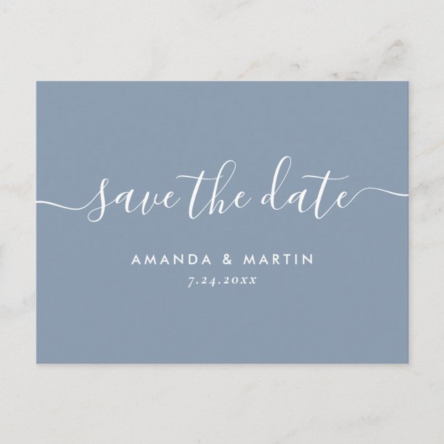 Postal De Anuncios Guardar la fecha de boda en guión azul polvoriento (Anverso)