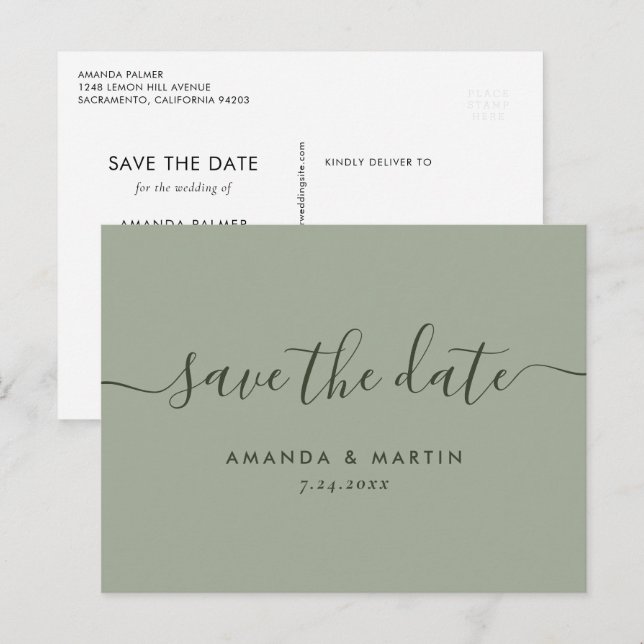 Postal De Anuncios Guardar la fecha de boda en verde salvia con letra (Anverso / Reverso)
