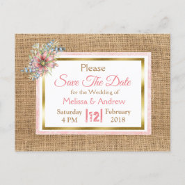 Postal De Anuncios Guardar la fecha de boda floral de arpillera rústi