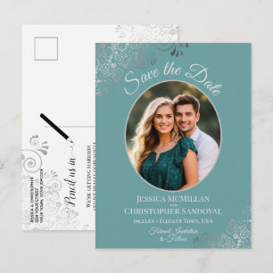 Postal De Anuncios Guardar la fecha de boda ovalada con foto en plata