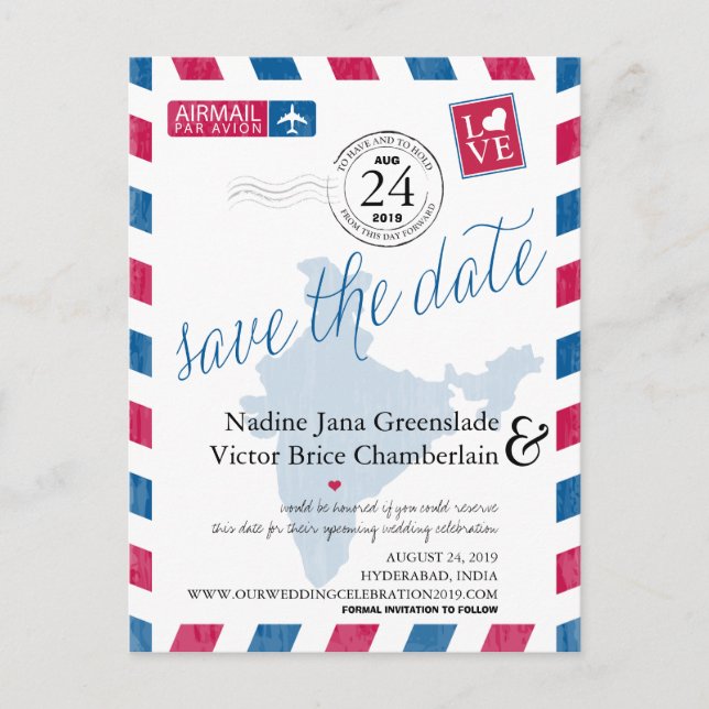 Postal De Anuncios Guardar la fecha de boda por correo aéreo Hyderaba (Anverso)