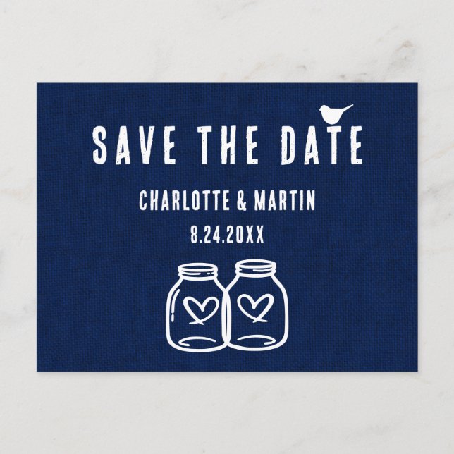 Postal De Anuncios Guardar la fecha de boda rústica en azul marino en (Anverso)
