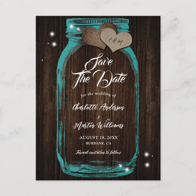 Postal De Anuncios Guardar la fecha de boda rústico frasco de albañil (Anverso)