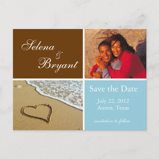 Postal De Anuncios Guardar la fecha de la foto de la playa - Azul (Anverso)