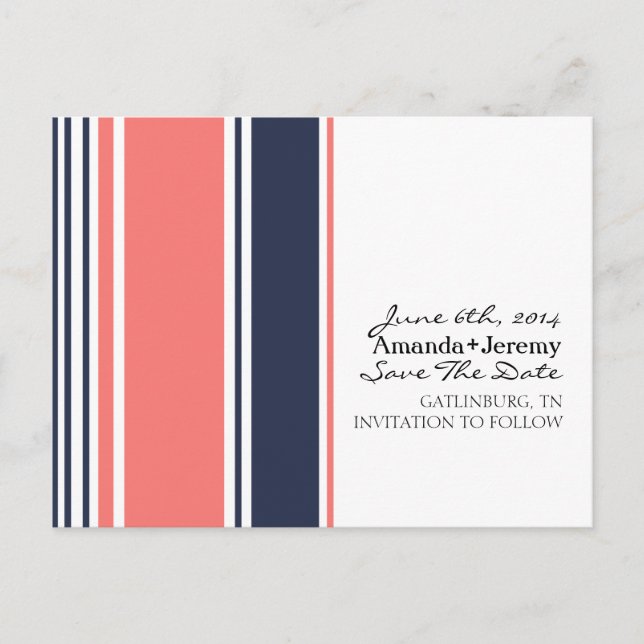 Postal De Anuncios Guardar la fecha de rayas modernas rosa y azul (Anverso)