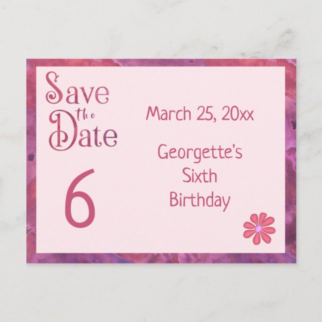 Postal De Anuncios Guardar la fecha del 6º cumpleaños para una niña (Anverso)