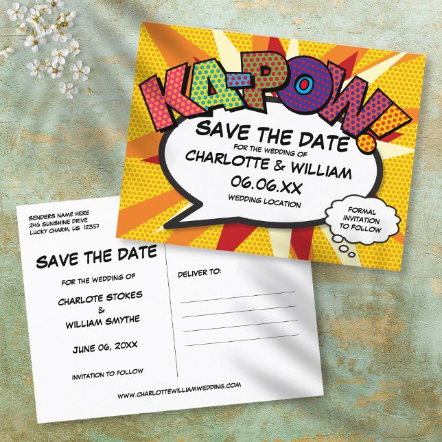 Postal De Anuncios Guardar la fecha del cómic KA-POW Diversión modern (Save the Date Comic Book KA-POW Modern Fun Announcement Postcard)