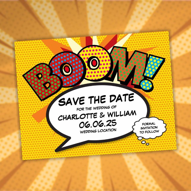 Postal De Anuncios Guardar la fecha divertido cómic moderno Boom (Save the Date Modern Fun Comic Book Boom Announcement Postcard)