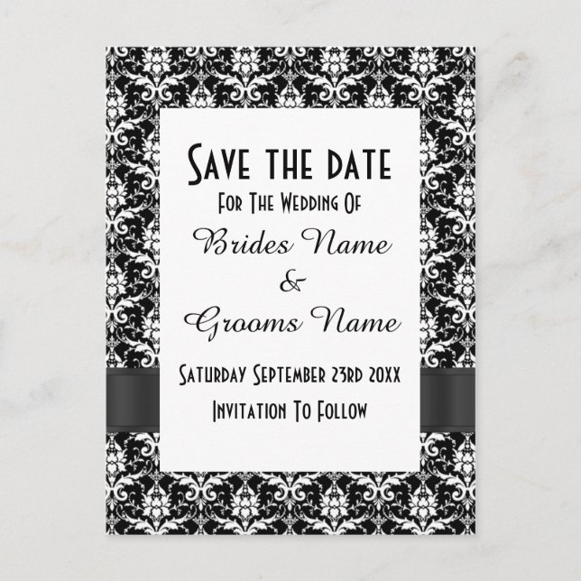 Postal De Anuncios Guardar la fecha en damasco negro y blanco (Anverso)