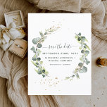 Postal De Anuncios Guardar la fecha en que Eucalyptus Greenery Succul<br><div class="desc">Eucalyptus Greenery Succulent Botanical Watercolor Primavera Wedding Save the Date Card on white Background - incluye hermosa y elegante tipografía de escritura con hojas botánicas modernas y vegetación para la celebración especial del Día de la Boda.</div>