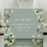 Postal De Anuncios Guardar la fecha en que Eucalyptus Greenery Succul<br><div class="desc">Eucalyptus Greenery Succulent Botanical Watercolor Primavera Wedding Save the Date Card on white Background - incluye hermosa y elegante tipografía de escritura con hojas botánicas modernas y vegetación para la celebración especial del Día de la Boda.</div>