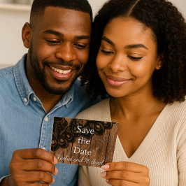 Postal De Anuncios Guardar la fecha encaje negro falso y madera