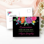Postal De Anuncios Guardar la fecha Fiesta Flores Negra y Floral<br><div class="desc">Floral Guardar las postales de fecha con flores de acuarela, que se pueden personalizar para cualquier ocasión. Esta tarjeta negra tiene una abundancia de flores coloridas, escritura rosa elegante y tipografía moderna. Un bonito diseño floral con peonía, rosa, fucsia, lirio y vegetación en tonos rosa, violeta, naranja, amarillo, verde y...</div>