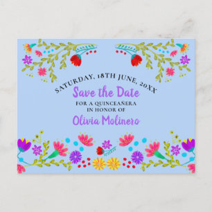 Postal De Anuncios Guardar la Fecha Fiesta Mexicana Floral Azul Clar