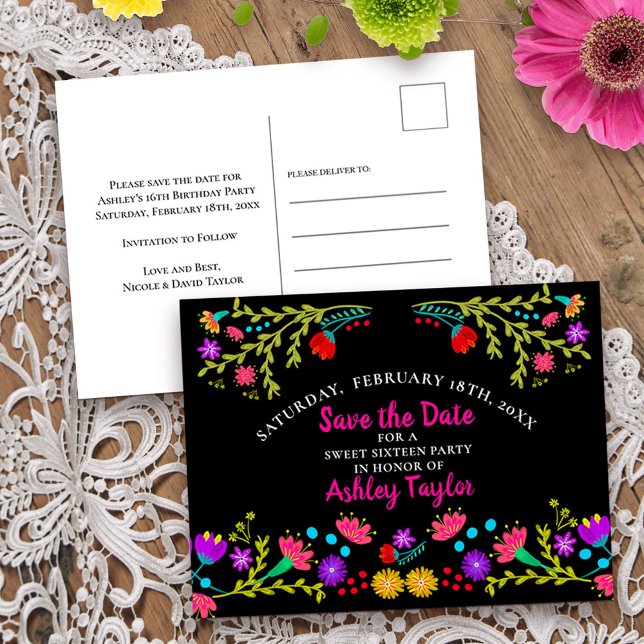 Postal De Anuncios Guardar la Fecha Fiesta Mexicana Floral Dulces 16  (Save the Date Postcard from my Mexican Fiesta Floral collection
)