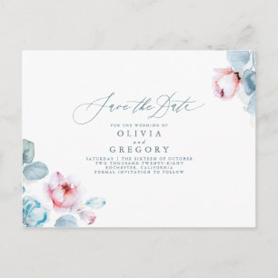 Postal De Anuncios Guardar la fecha floral azul polvoriento y rosa