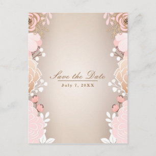 Postal De Anuncios Guardar la Fecha Floral Botánico Rosa y Dorado Mod