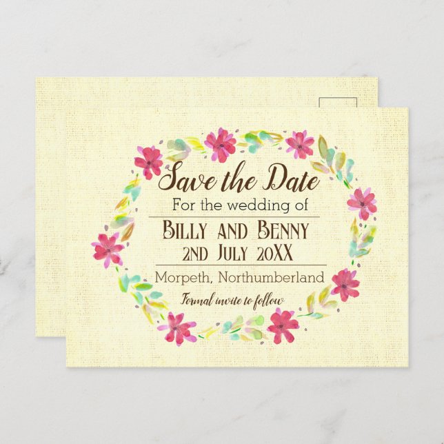 Postal De Anuncios Guardar la fecha floral envejecido  (Anverso / Reverso)